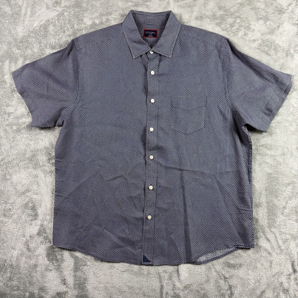 Untuckit Shirt Men's Large Slim Fit Blue Geometric‎ Short Sleeve Button Up Linen